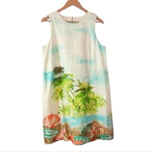 J.JILL Love 100% Linen Blue Beach Palm Tree Tropical Print Dress, size M